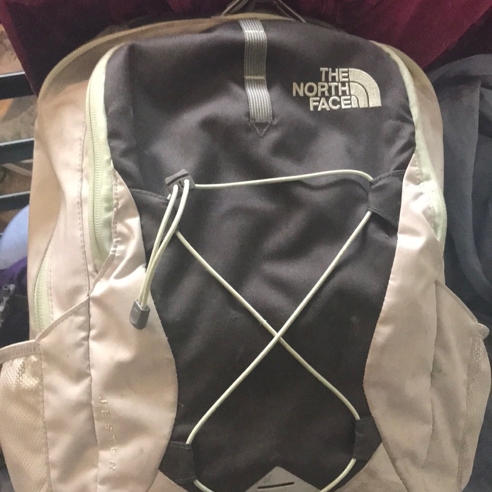 Grey/ green and off white north face back pack